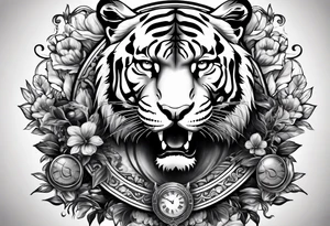 King tiger on top of Hour glass with Brain and heart inside
Full detailed sleeve tattoo idea