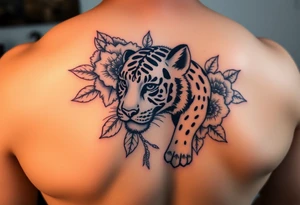 Floral tattoo with baby tiger tattoo idea