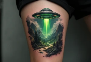 A UFO hovering over a realistic landscape, casting a green glow in deep black, luminescent green, and subtle silver tones. tattoo idea