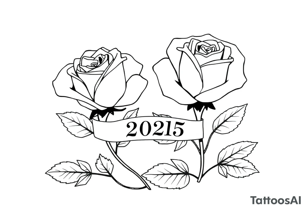 two beautiful large rose buds, one larger than the other, with many leaves next to the rose buds, with one sitting higher than the other. Include a banner connecting the two roses with the year "2025" on it.   Use dark outlines with little shading. The two stems should be short, not long, and connect and join into one stem, whimsically curved or twisted - not straight down. tattoo idea