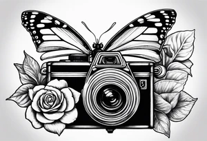 Book, sunflower, camera, butterfly, flower rose tattoo idea
