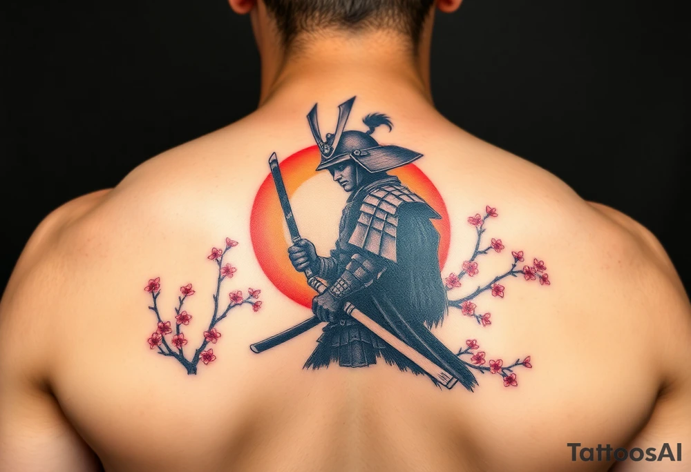 noble samurai warrior silhouette at sunset with cherry blossoms tattoo idea