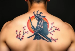 noble samurai warrior silhouette at sunset with cherry blossoms tattoo idea