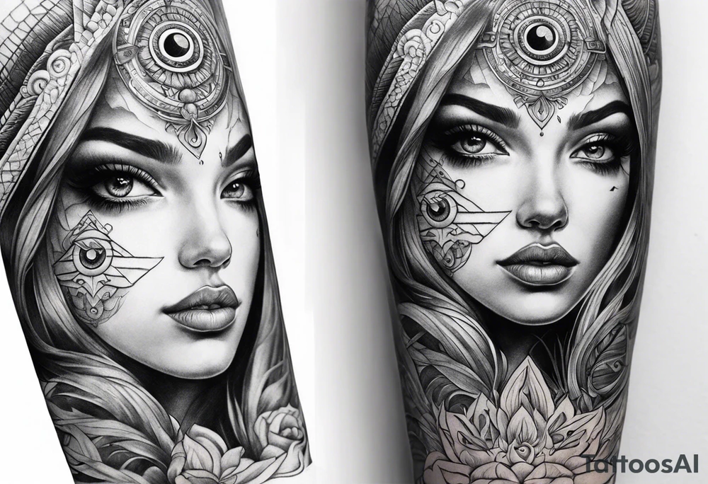 A sleeve that depicts the third eye. tattoo idea