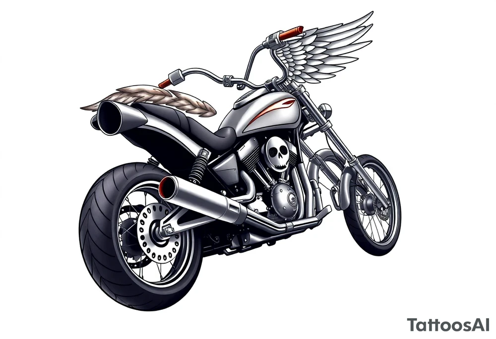 Low rider grey motorcycle, big muffler pipes with flames, angel wings, driving away, no person tattoo idea