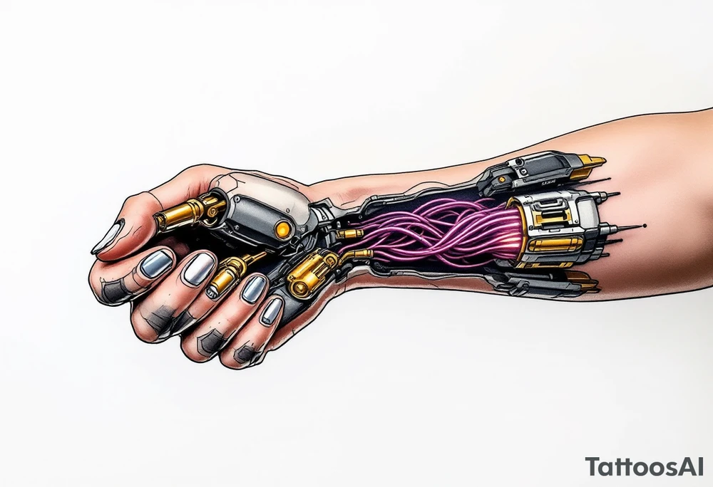A tattoo of a partially opened human forearm revealing glowing golden servos and deep purple wiring inside. tattoo idea
