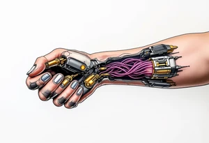 A tattoo of a partially opened human forearm revealing glowing golden servos and deep purple wiring inside. tattoo idea