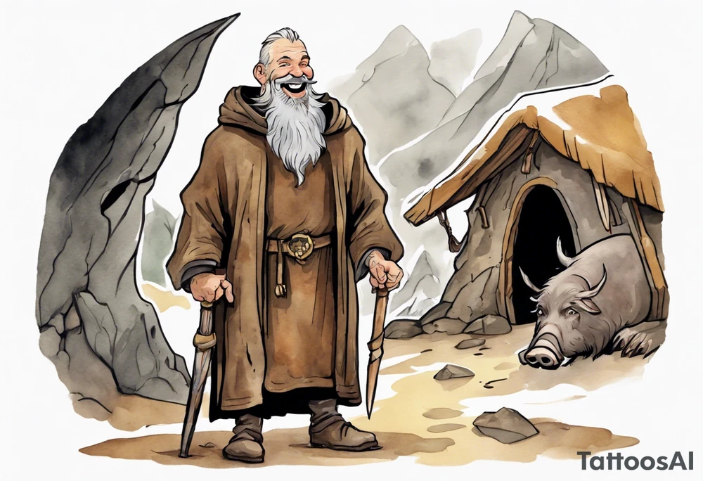 a 55-year-old medieval Nordic man with a grey beard laughing with a gold tooth wearing a brown and black cloak standing next to a boar in front of a cave tattoo idea