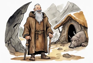 a 55-year-old medieval Nordic man with a grey beard laughing with a gold tooth wearing a brown and black cloak standing next to a boar in front of a cave tattoo idea