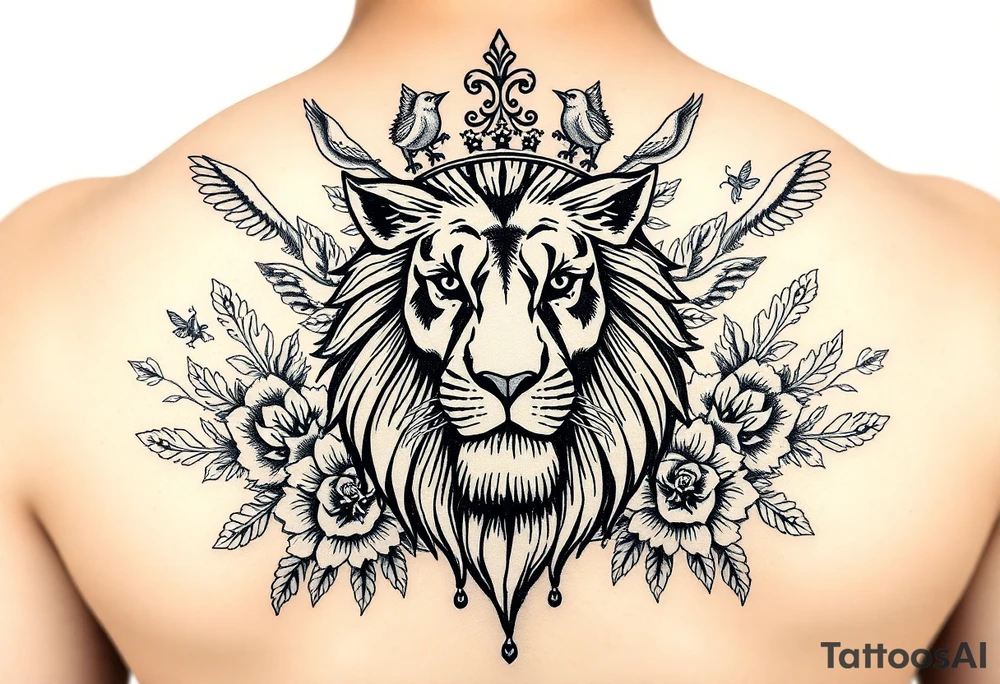 powerful majestic lion with a crown, surrounded by floral ornaments and birds tattoo idea