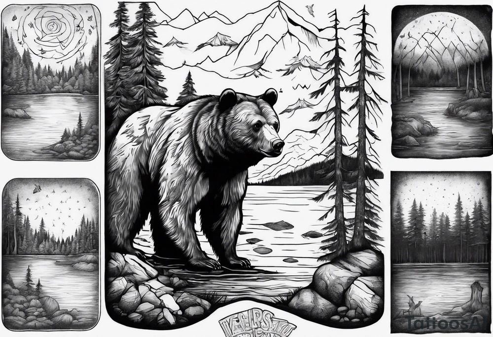 bear, forest, lake, appalachia, arm sleeve tattoo tattoo idea