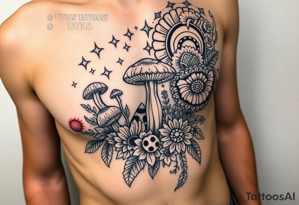 Could you possible make me a cool nature tattoo with mushrooms crystals  flowers mandala boho but colorful and psychedelic colorful too that would wrap from front of hip around side to mid back to cover an existing one I have incorporating the stars I have already and only covering some going with shape of curves of female body wrapping from front of hip around side to back tattoo idea