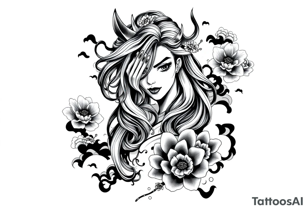 Prompt:

Full sleeve Japanese-inspired tattoo design featuring a beautiful female oni (demon woman) with an elegant, mysterious expression, one hand partially covering her face, long flowing hair integrated into swirling wind and wave patterns, large detailed chrysanthemums and peonies woven through the composition, dynamic negative space with bold black fills and smooth gradients, traditional Japanese cloud and water motifs, high-contrast black and grey with soft shading and sharp linework, balanced composition wrapping around the arm, modern neo-Japanese illustrative style.

Style tags:
– High contrast black and grey
– Neo-Japanese tattoo
– Traditional Japanese motifs
– Sleeve layout design
– Chrysanthemums, peonies, wind bars, waves
– Female oni portrait tattoo idea