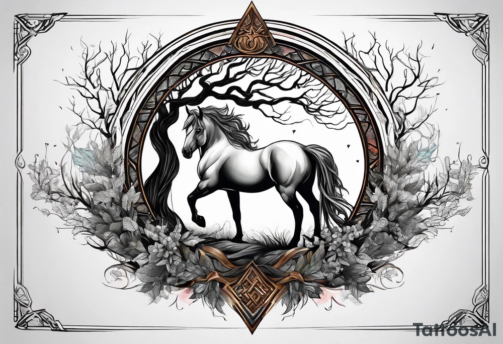 Realistic Horse and Yggdrasil tree tattoo idea