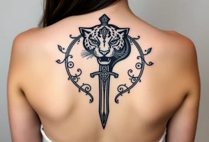 mystical panther around an ancient dagger with jeweled hilt tattoo idea