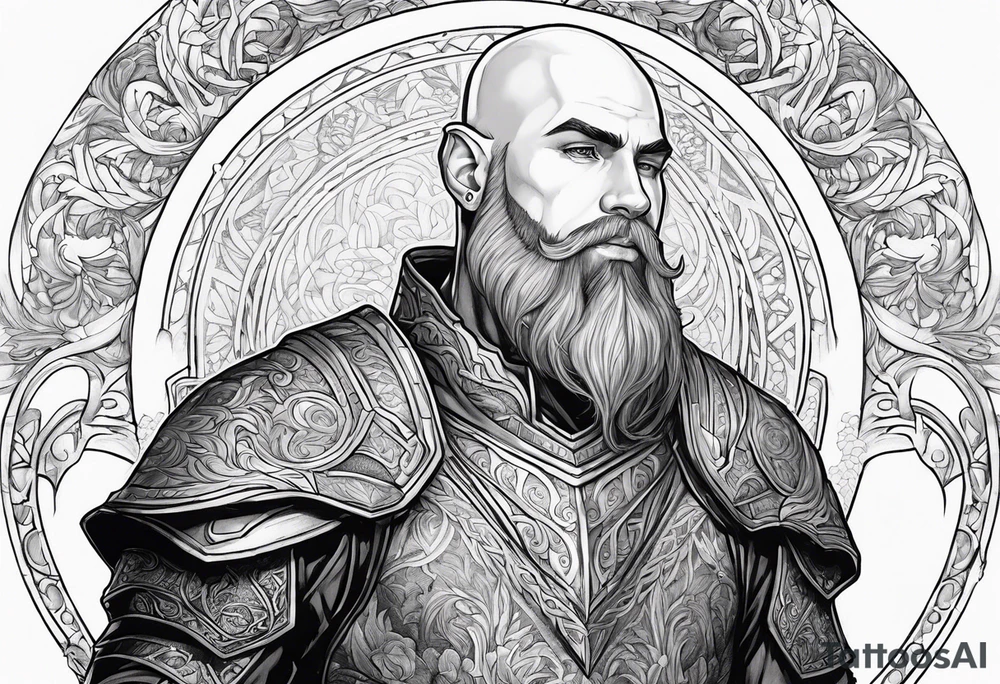 human-elf, bearded bald male, paladin, full-body tattoo idea