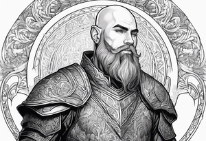human-elf, bearded bald male, paladin, full-body tattoo idea