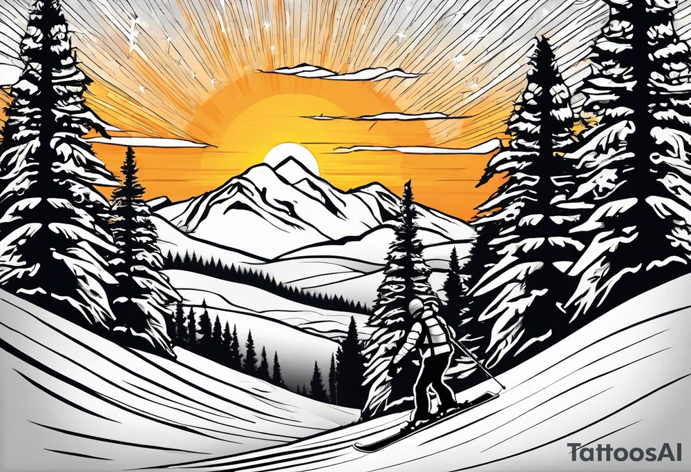snow skier coming down mountain in distance with large trees and big bright sun with lake at the bottom tattoo idea