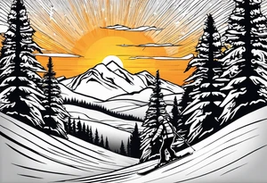 snow skier coming down mountain in distance with large trees and big bright sun with lake at the bottom tattoo idea