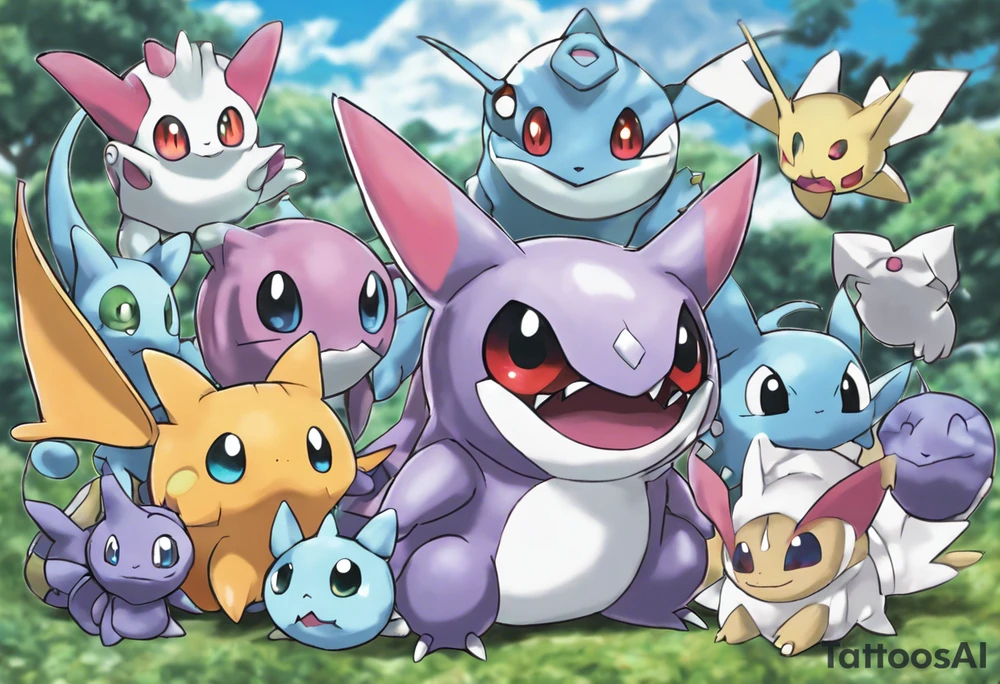 Mew*
Dratini*
Dragonair*
Dragonite*
Victini*
Applin*
Flapple*
Dragapult*
Cynthia and Garchomp
Meloetta
Jigglypuff*
Gengar*
Furret
Ampharos*
Sharpedo
Flygon 
Gothitelle
Chandelure 
Haxorus
Tyrunt 
Rowlet*
Salandit 
Togedamaru*
Mimikyu*
Drampa tattoo idea
