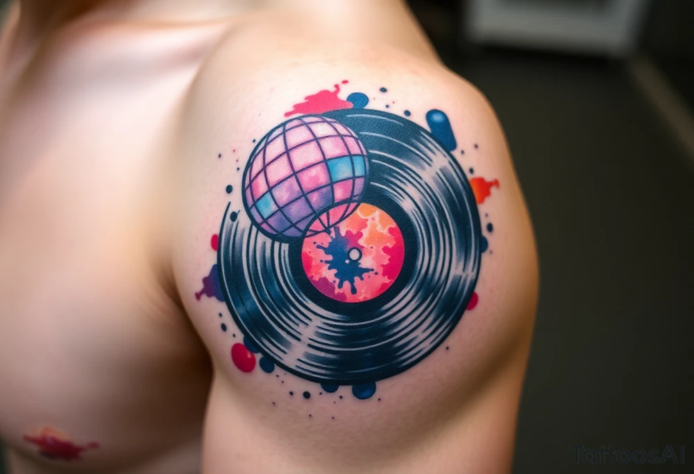 vinyl record and disco ball tattoo idea