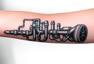 System of pipes that transitions and transforms at the end into thick 
veins of forearm tattoo idea