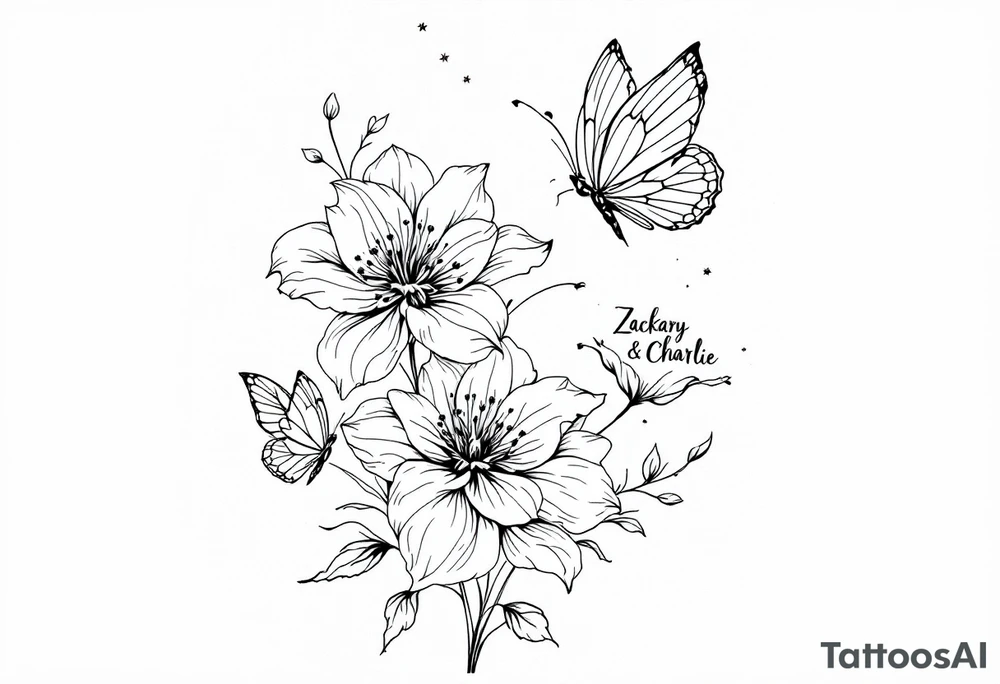 A delicate and highly detailed tattoo design featuring elegant flowers and two butterflies, symbolizing family, love, and the bond between a mother and her children. The flowers, such as lilies or peonies, represent protection, beauty, and unconditional love. Two butterflies gracefully flying around the flowers symbolize the children, Zackary and Charlie, representing their growth and freedom. Their names should be subtly integrated into the design, either along the stems of the flowers, within the butterfly wings, or in an elegant script flowing naturally with the composition. tattoo idea