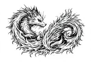 feminine kitsune, the tails flow and end looking like flames. The tails wrap around the shoulder body curves and head ending below the armpit tattoo idea