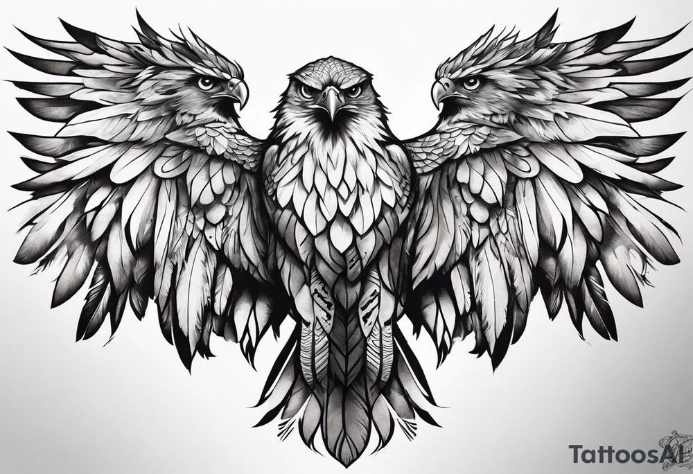 Hawk wings across male upper back and shoulders with detailed feathers, extending a few inches down each arm tattoo idea