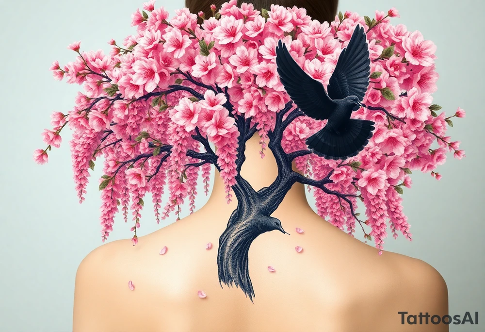 A big pink, weeping tree with huge  lushish leaves and a beautiful trunk. there are 2 doves. 1 is a flying into the sky. The second one is hovering above the ground that’s turning black like she stained with grief. Goth romance 
These are the dates I want dainty in the heavily overflow of weeping cherry blossom branches and leaves March 31, 2024 – July 2, 2024 tattoo idea