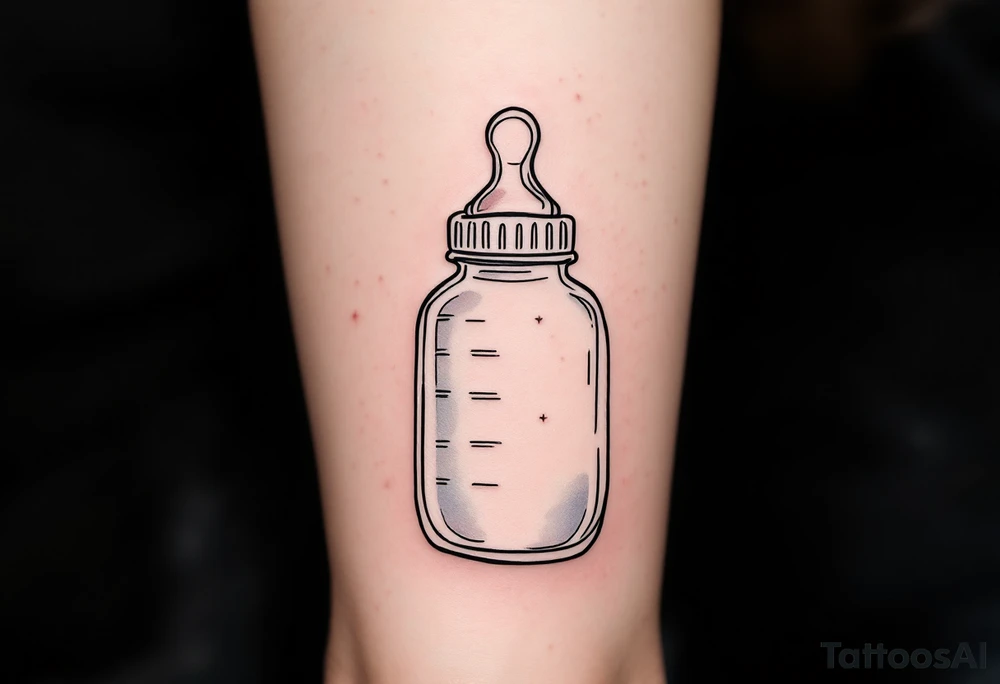 A baby bottle and pacifier outlined in soft pastel tones conveys the gentle and devoted care of early motherhood. tattoo idea