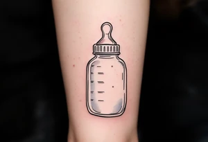 A baby bottle and pacifier outlined in soft pastel tones conveys the gentle and devoted care of early motherhood. tattoo idea