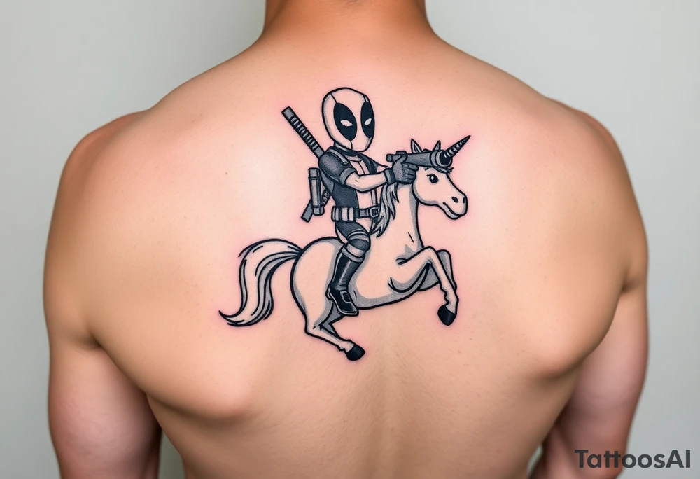 Deadpool riding unicorn pointing rocket propelled grenade launcher tattoo idea