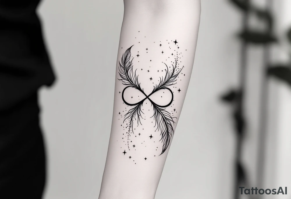 infinity symbol woven with floating feathers and stardust tattoo idea