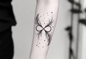 infinity symbol woven with floating feathers and stardust tattoo idea