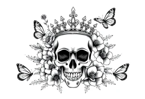 ornate skull adorned with gorgeous crown surrounded by boho flowers and butterflies tattoo idea