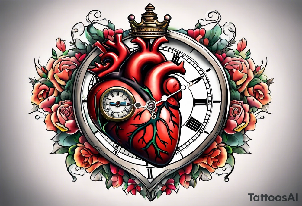 anatomical heart with clock in middle.
Clock hands on 8 and 5.
Never Say Never written on tattoo tattoo idea