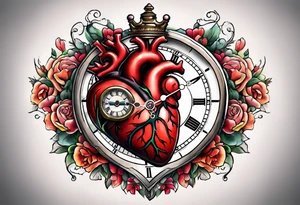 anatomical heart with clock in middle.
Clock hands on 8 and 5.
Never Say Never written on tattoo tattoo idea