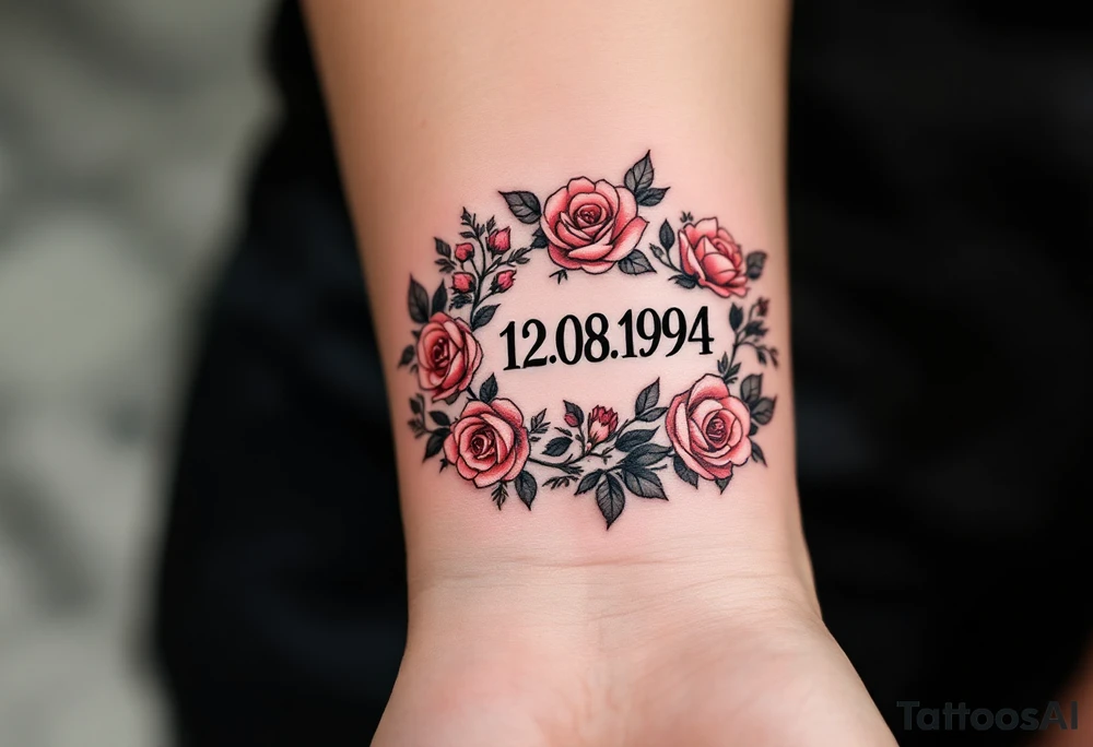 Bold black 12.08.1994 inked in a clean serif font wrapped in soft red roses. tattoo idea