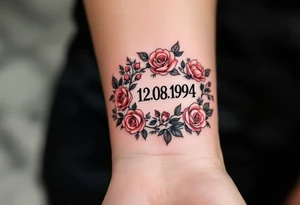 Bold black 12.08.1994 inked in a clean serif font wrapped in soft red roses. tattoo idea