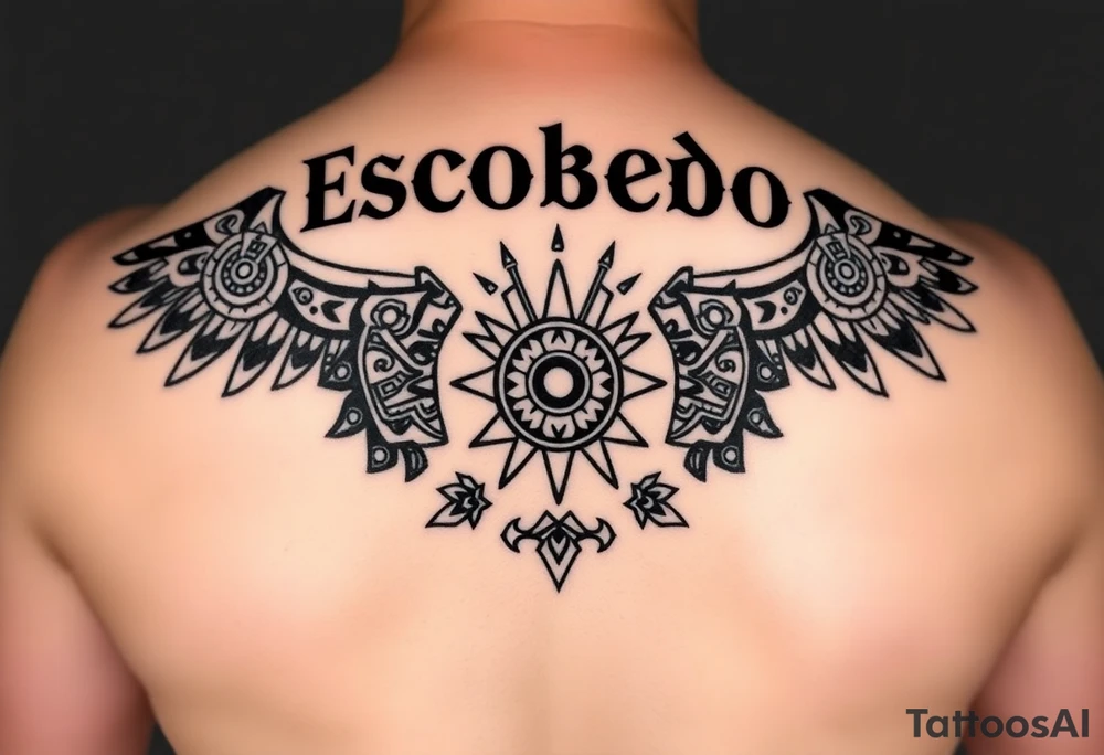 "A symmetrical Aztec or Mexican tribal pattern, incorporating geometric shapes, warrior masks, and sun symbols. The design is centered just below the bold 'Escobedo' name across the shoulders, maintaining a balanced and culturally meaningful aesthetic." tattoo idea