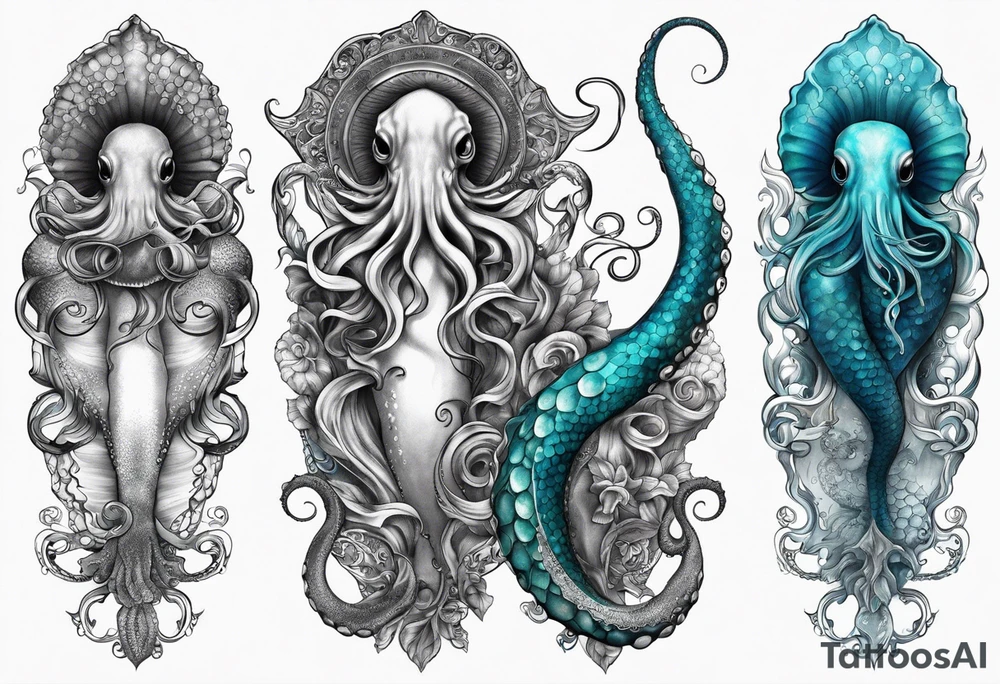 Lower leg sleeve. Large blue ring octopus holding and looking up at mermaid tattoo idea
