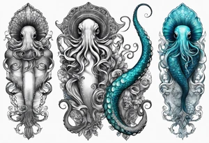 Lower leg sleeve. Large blue ring octopus holding and looking up at mermaid tattoo idea