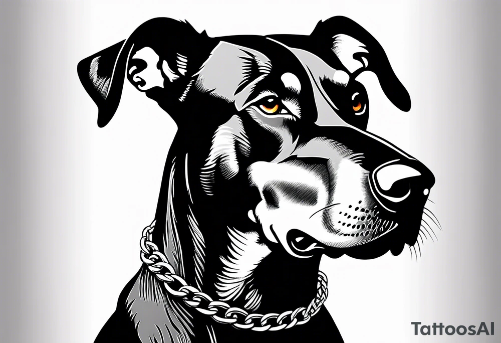 Doberman with open mouth biting
Wearing chain tattoo idea