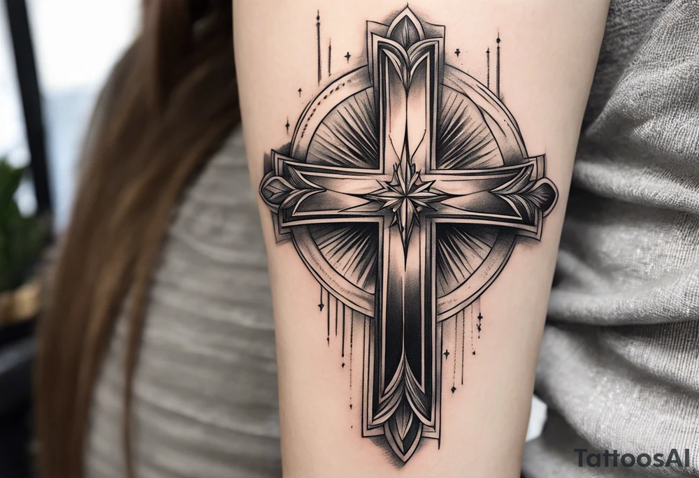 Semi realistic Tattoo: A refined cross with a soft halo on top of it, symbolizing light and spirituality. Delicate rays extend outward from the halo, adding a subtle glow and depth. The cross itself is simple and elegant, with potential for small, intricate line details within the design. Style: Semi realism tattoo idea