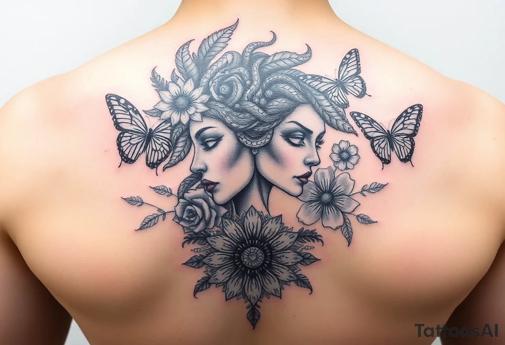 Side portrait of Medusa with flowers, butterflies 
and mandala tattoo idea