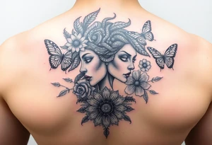 Side portrait of Medusa with flowers, butterflies 
and mandala tattoo idea