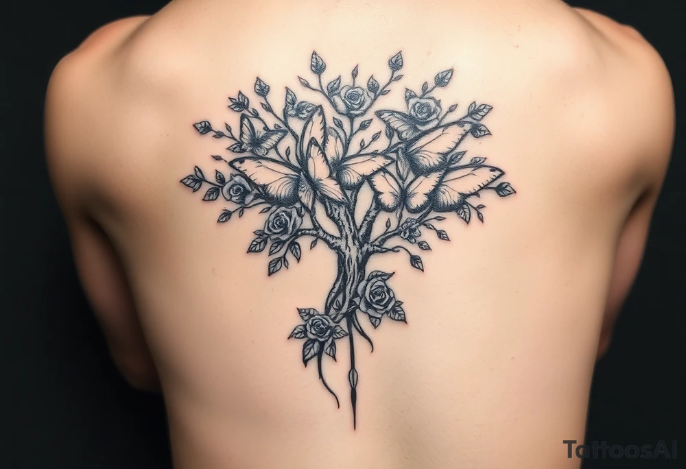 a poisoned tree with butterflies and roses around it and a semicolon somewhere in there on the thigh tattoo idea
