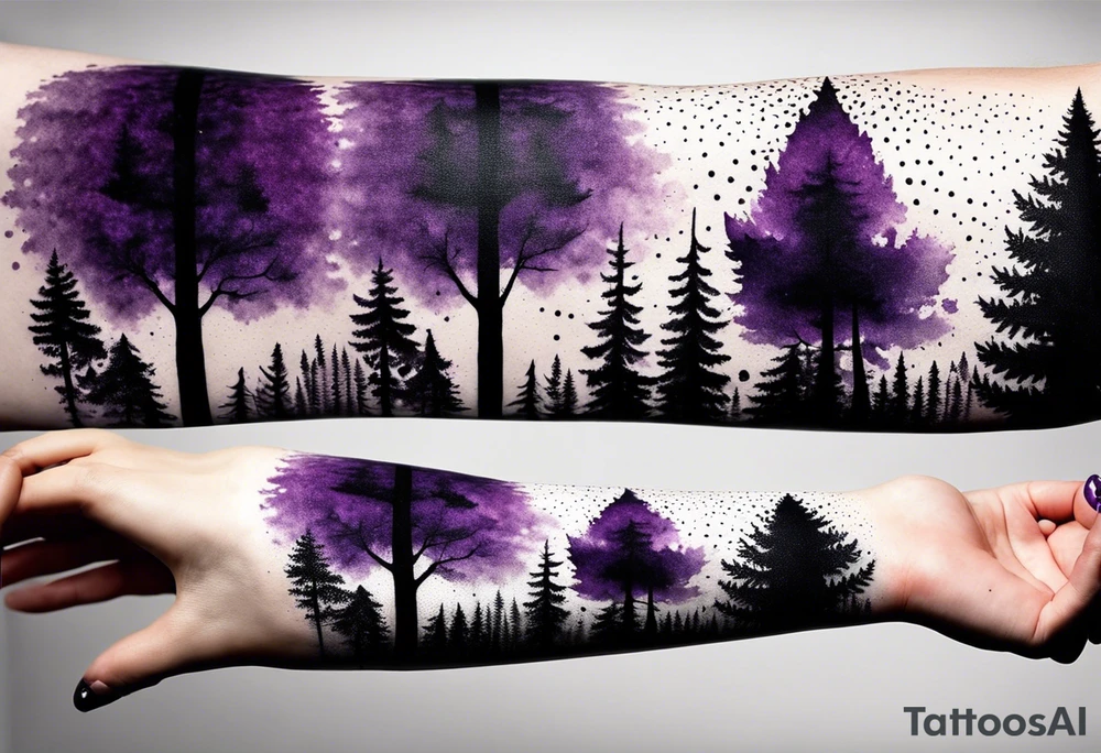 forest, purple and black, covered from wrist to forearm, fully covered, no borders, blackwork tattoo idea