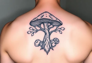 Magic mushroom with truffles growing underneath with the tree of life symbol but with mushroom tattoo idea
